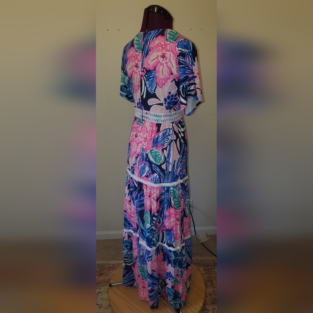 Lilly Pulitzer Pink & Blue Maribella Wrap Maxi Dress Sz 0 - Picture 6 of 11